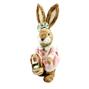 Sisal Easter bunny girl with basket wearing pink dress and mint bow