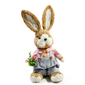 Sisal Easter bunny boy figurine in blue overalls holding pink flowers