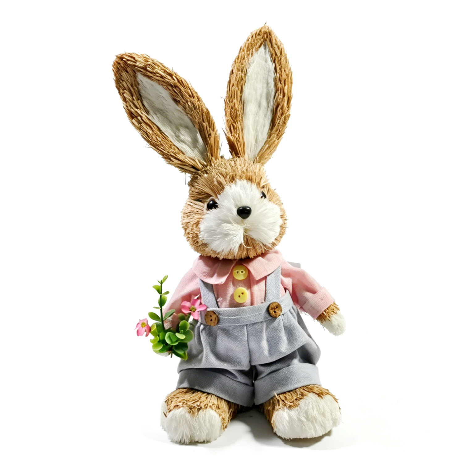 Sisal Easter bunny boy figurine in blue overalls holding pink flowers Sisal Easter bunny boy figurine in blue overalls holding pink flowers