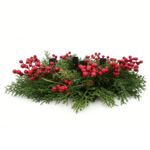 Red berry and pine wreath candle holder with four black cups and 40cm diameter
