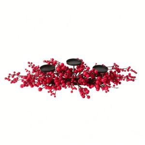Red berry pillar candle holder with three black plates for Christmas table decor