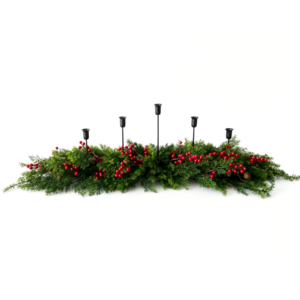 Cedar and red berry candle holder centerpiece with five black cups for Christmas table decor