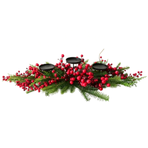 Red berry and pine candle holder centerpiece with three black plates for Christmas decor