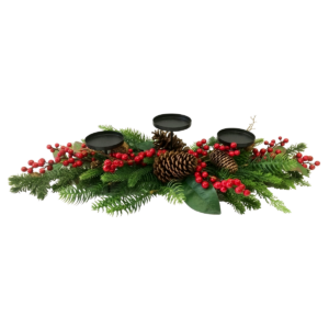 Pinecone and red berry candle holder centerpiece with three black plates for Christmas decor