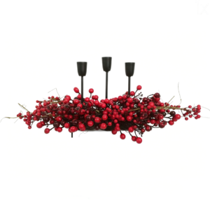 Red berry candle holder centerpiece with three black cups for holiday table decor
