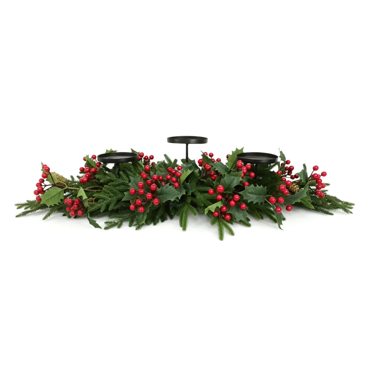 Pine and red berry candle holder centerpiece with three black plates for Christmas decor Pine and red berry candle holder centerpiece with three black plates for Christmas decor