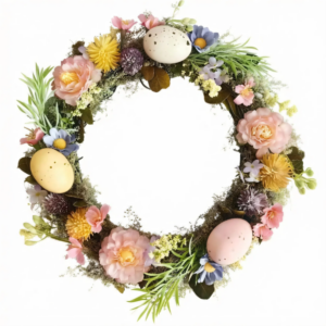 spring easter egg wreath with pastel flowers, artificial floral wreath for front door, easter holiday home decor